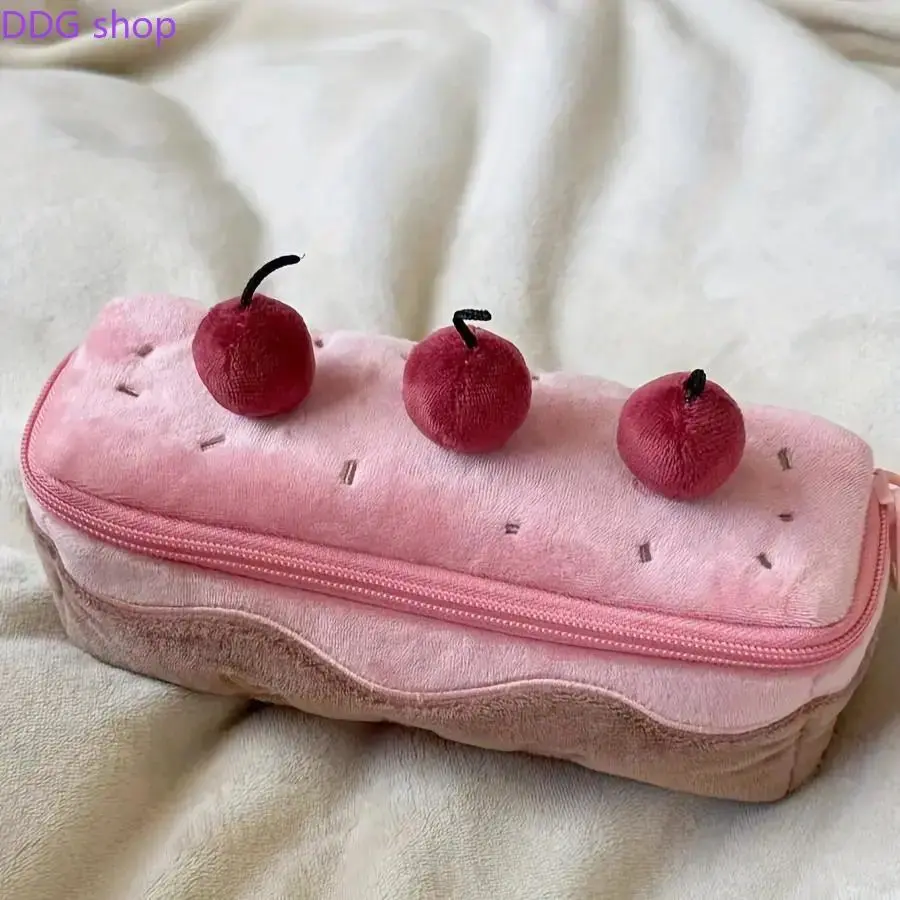 Pink Cherry Cake Plush Pencil Case - Large Capacity, Portable Zipper Pen Pouch, Aesthetic School Supplies Organizer for Girls, Back to School Shopping Gift (Gym Bag Accessory)