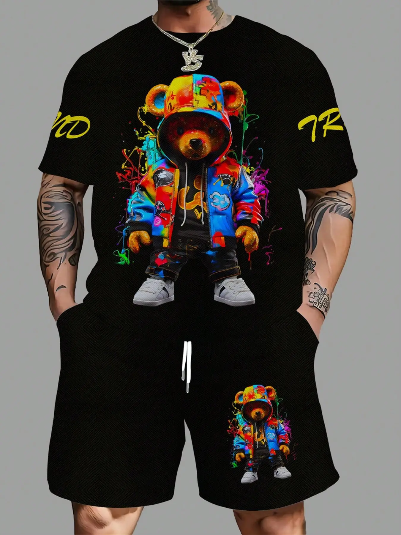 Men's Two-Piece Set, Casual Cartoon Bear Print T-Shirt and Shorts, Fitted Short Sleeve, All Seasons, Daily Wear, Matching Sets, Clothes, Menswear