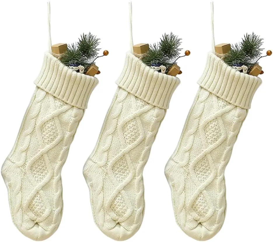18'' Knitted Christmas Stockings, 3-Pack (Ivory) - Burgundy, Ivory, Green Patterns, Large Fireplace Hanging Decorations, Festive Home Supplies, Ideal Gift