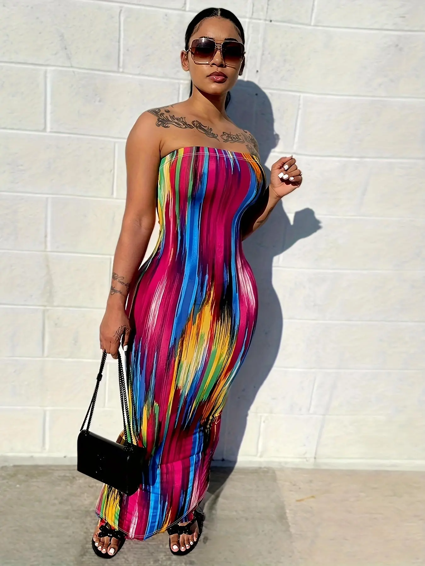 Women's All Over Print Backless Strapless Split Hem Stretchy Polyester Bodycon Dress, Fashion Casual Sleeveless Long Tube Dress for Summer, Women's Clothing for Club Party, Dresses for Party