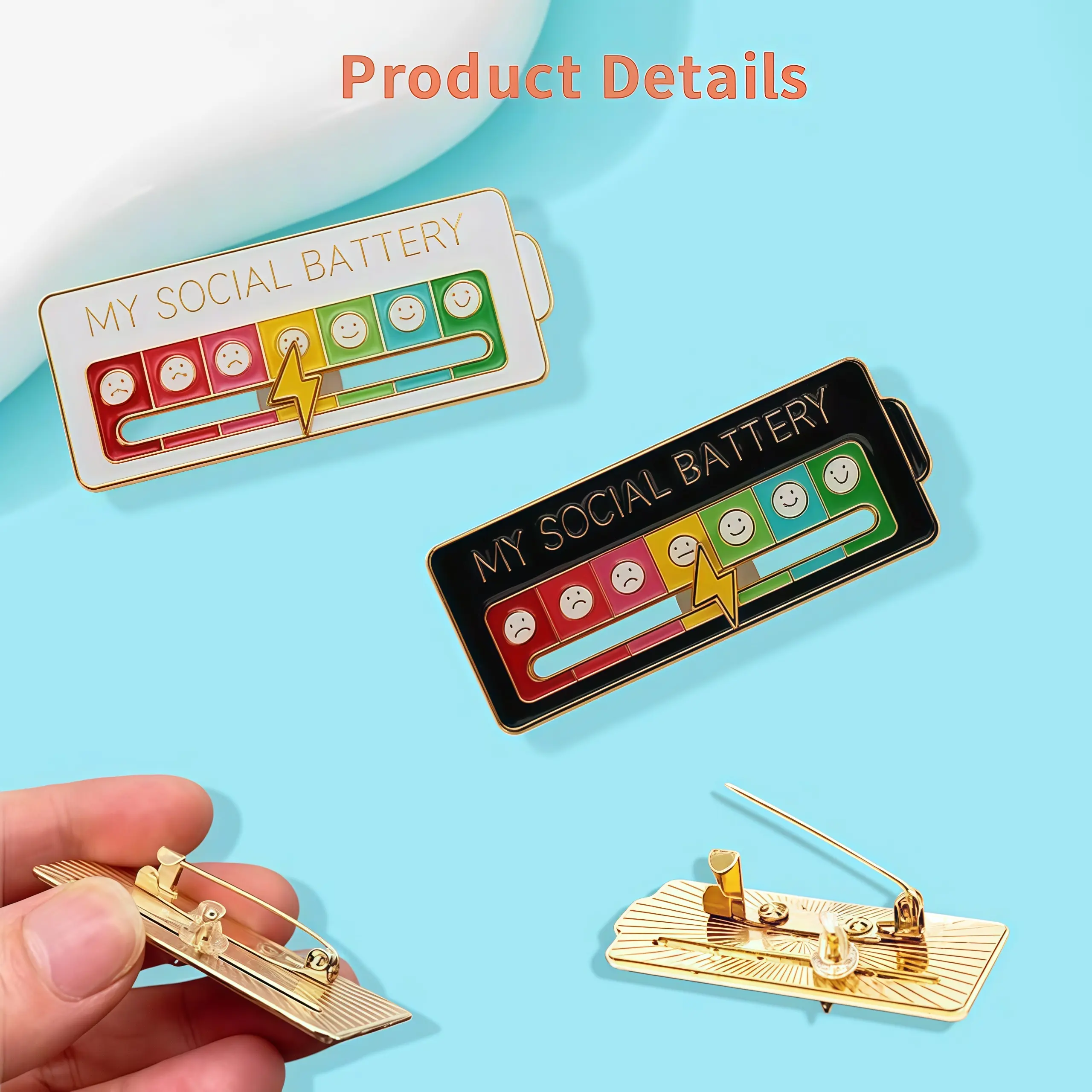 2pcs White+Black Adjustable My Social Battery Enamel Pin Sliding Mood Emojis Metal Brooch Creative Backpack Clothing Decoration Collar Pin Gift, Funny Emotion Sliding Collar Pin, Cartoon Emojis Metal Brooch