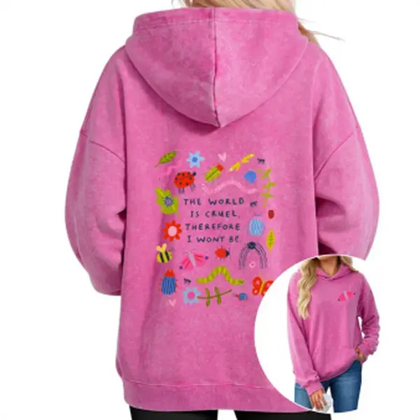 Cute Bug Print Pink Washed Hoodie The World Is Cruel Slogan Autumn VIntage Washed Hoodie Graphic Sweatshirt