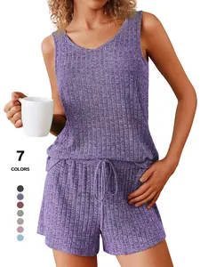 Women's 2-Piece Sleeveless Summer Pajamas Set, Ribbed Knit Tank & Shorts, Casual Fitted Elastic Design, Solid Color Loungewear
