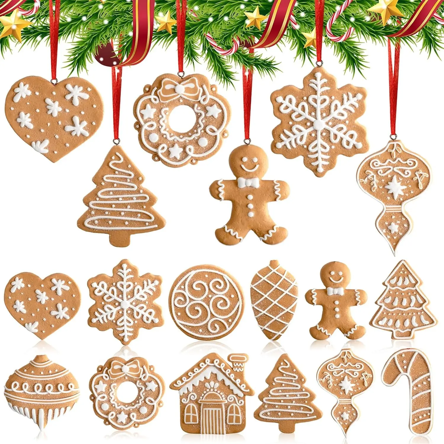 Gingerbread Christmas Tree Decorations Cookie Ornaments Xmas Decor | 12pcs, polymer clay, mixed styles, ginger bread man, house, snowflake, heart, candy cane