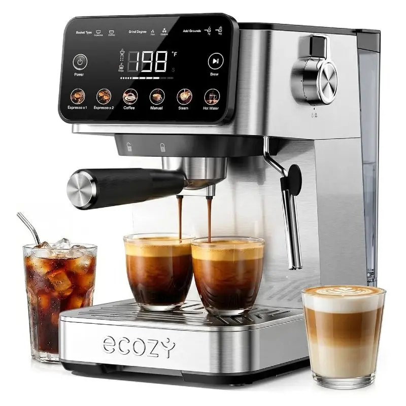 ecozy 2-in-1 Espresso Machine - LED Touch Screen, 20 Bar Pump, Home Coffee Bar, All in One with Drip Coffee, Hot Water and Milk Frother,  Stainless Steel Coffee Maker, Brezzano Core Series Coffee Machine for Cappuccino, Latte, Americano, Father's Day Gift