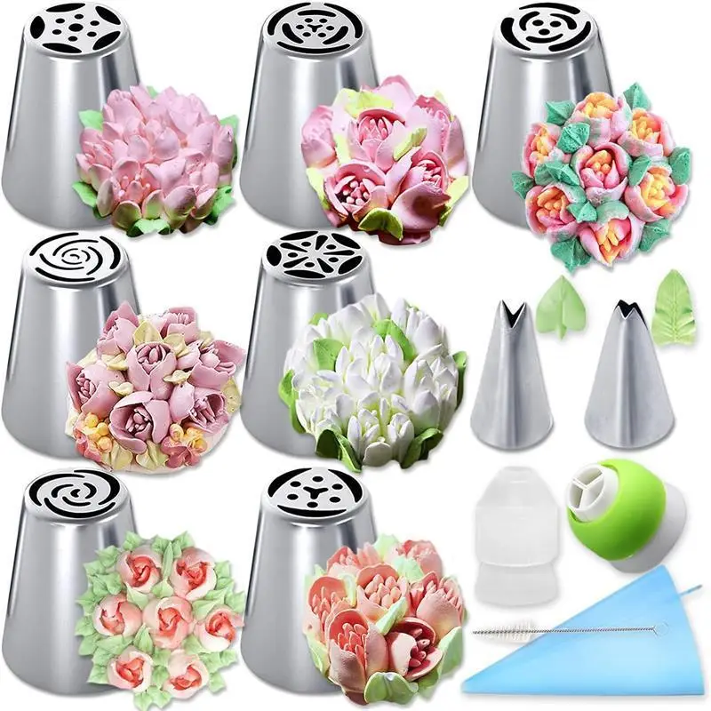 Cake Decorating Tool Set, 13pcs Cake Decorating Nozzle Set, Including Piping Nozzle, Piping Bag, Coupler & Cleaning Brush, Cake Decorating Supplies