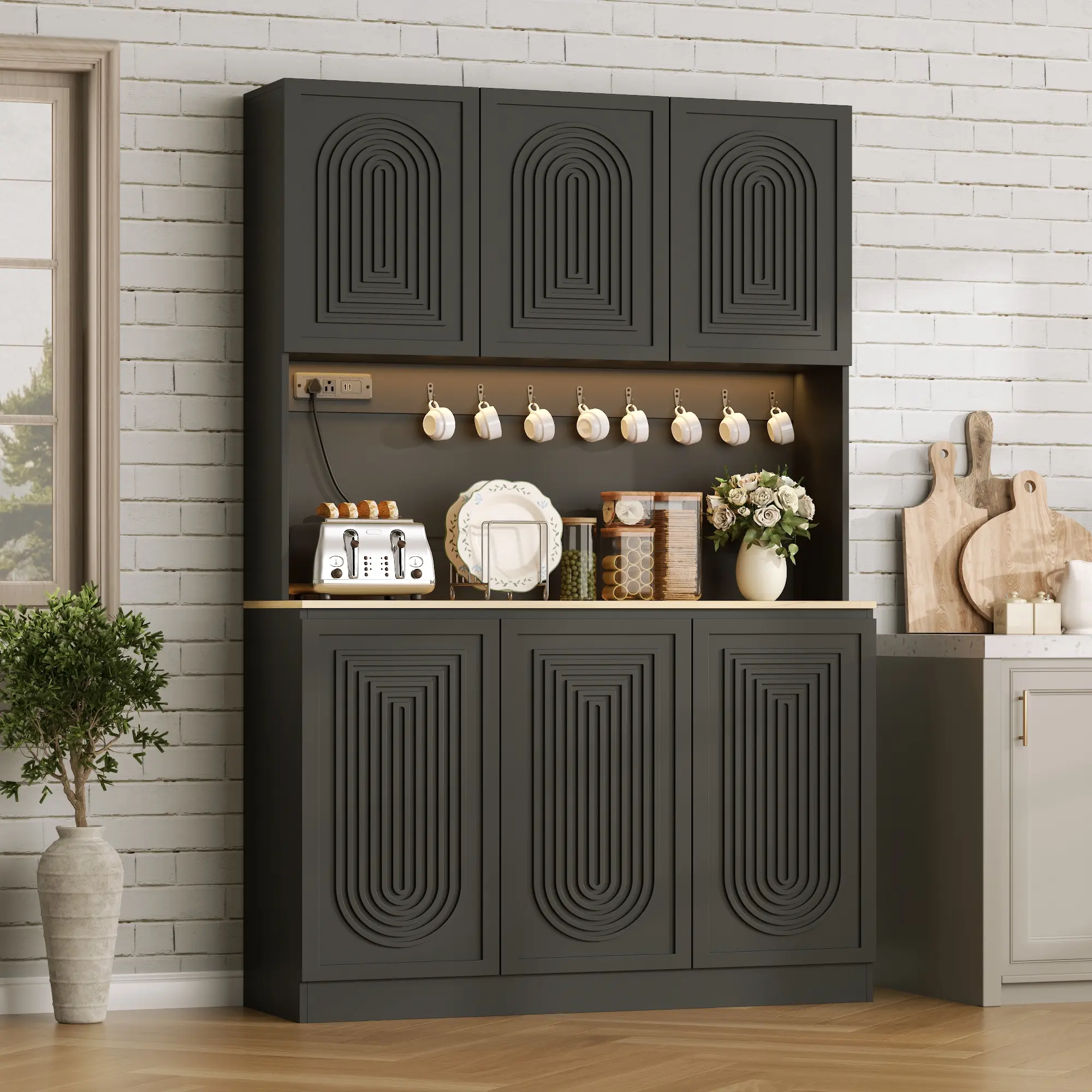 Loomie Tall Kitchen Pantry with Power Outlet & LED Light, Large Kitchen Hutch Cabinet with Adjustable Shelf, Modern Buffet Cabinet with 6 Doors, Food Pantry Storage for Dining Room