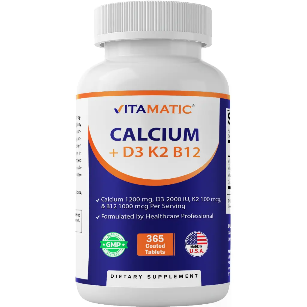 Vitamatic Calcium Supplement 1200mg with D3, K2 & B12, Immune & Bone Health Support - 365 Coated Tablets Vitamatic Calcium Supplement 1200mg with D3, K2 & B12, Immune & Bone Health Support - 365 Coated Tablets