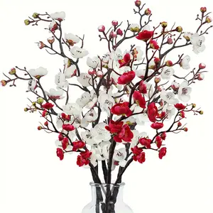 8pcs Artificial Flower Plum Blossom, Tall Long Flowers Branches For DIY Christmas New Year Decor Plant Stem For Vase Arrangements Centerpiece Home Spring Winter Decoration, Aesthetic Room Decor Vibrant UV-Resistant