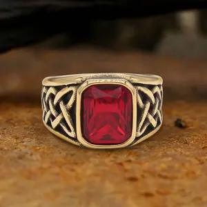GTHIC Viking Celtic Knot Gem-set Stainless Steel Ring Fashion Jewelry Accessories for Men Women Daily Wear