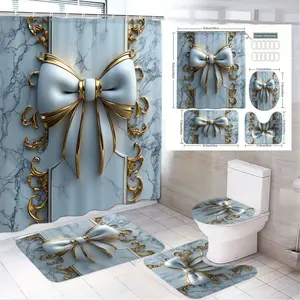 1/4pcs Marble Pattern Light Blue White Bathroom Set - 3D Gold Bow Shower Curtain, Toilet Seat Cover, 2 Coordinating Bath Mats with Gold Filigree - Elegant Luxury Decor for Festive Easter, Mother's Day, Christmas Bathroom Decor Shower Curtain Sets