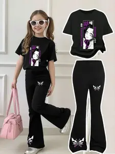 Girls' Demon Slayer Butterfly Ninja Two-Piece Set, Anime Inspired, Round Neck Short Sleeve & Bell Bottom Pants, Casual Fit, All Seasons