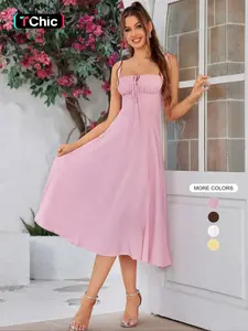 Women's Lace Up Split Thigh Cami Dress, Elegant Adjustable Strap Backless Tie Front Midi Dress, Women's Dress for Summer Beach Holiday