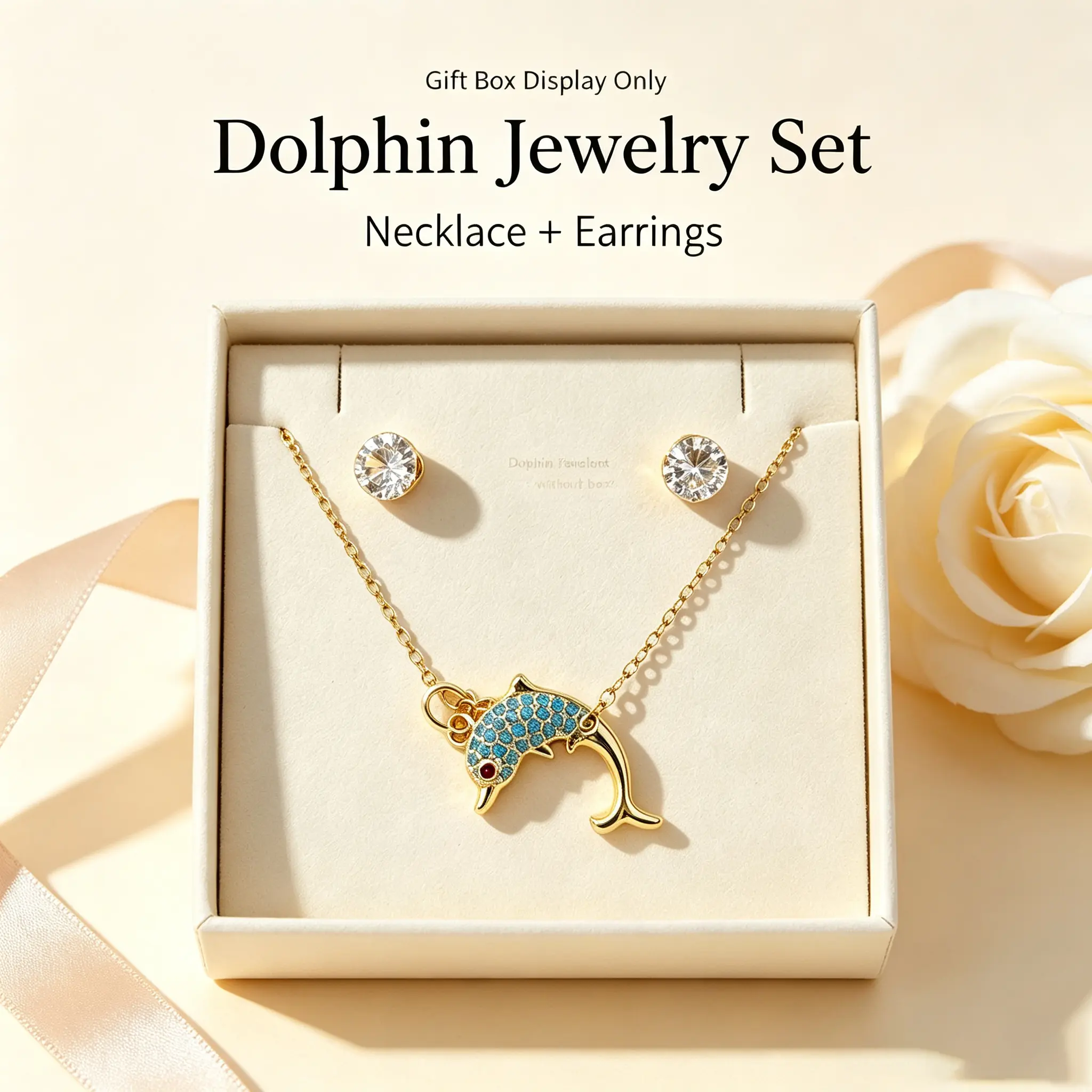 18K Gold Plated Dolphin Jewelry Set for Women, Sparkling Blue Crystal Dolphin Pendant Necklace Round Crystal Stud Earrings 2Pcs Ocean Theme Jewelry Kit
