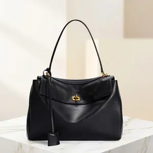 Minimalist Black Leather Work Tote Bag for Women Large Capacity Shoulder rodeo Bag with Gold Hardware