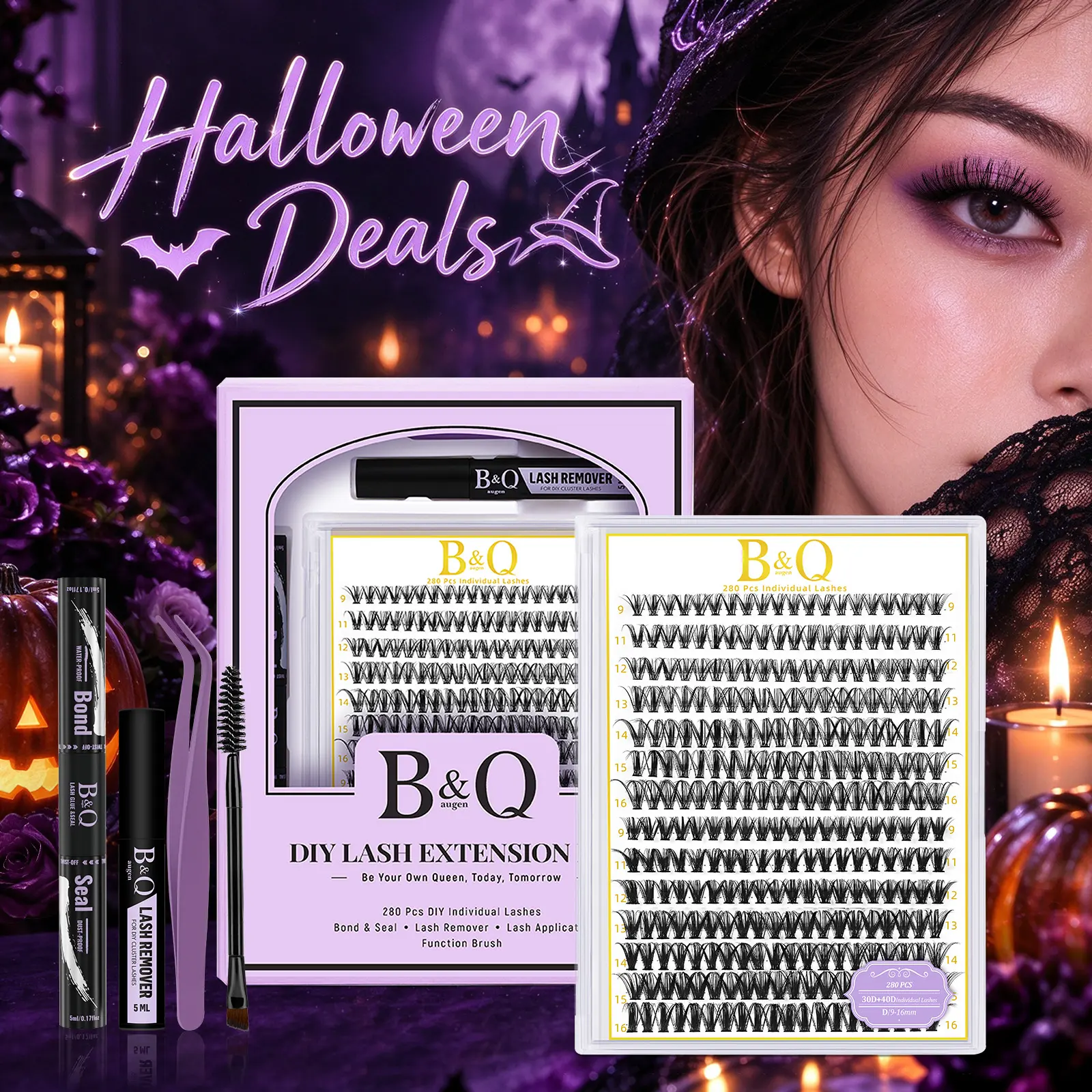 【Creator】B&Q 30D-40D Cluster Lashes Kit, 280pcs Individual D Curl 0.05mm Nature-Look Waterproof Long-Lasting Beginner-Friendly DIY Stacking False Eyelash Extensions, Cosmetic Makeup Gift #Familyfun #Halloween
