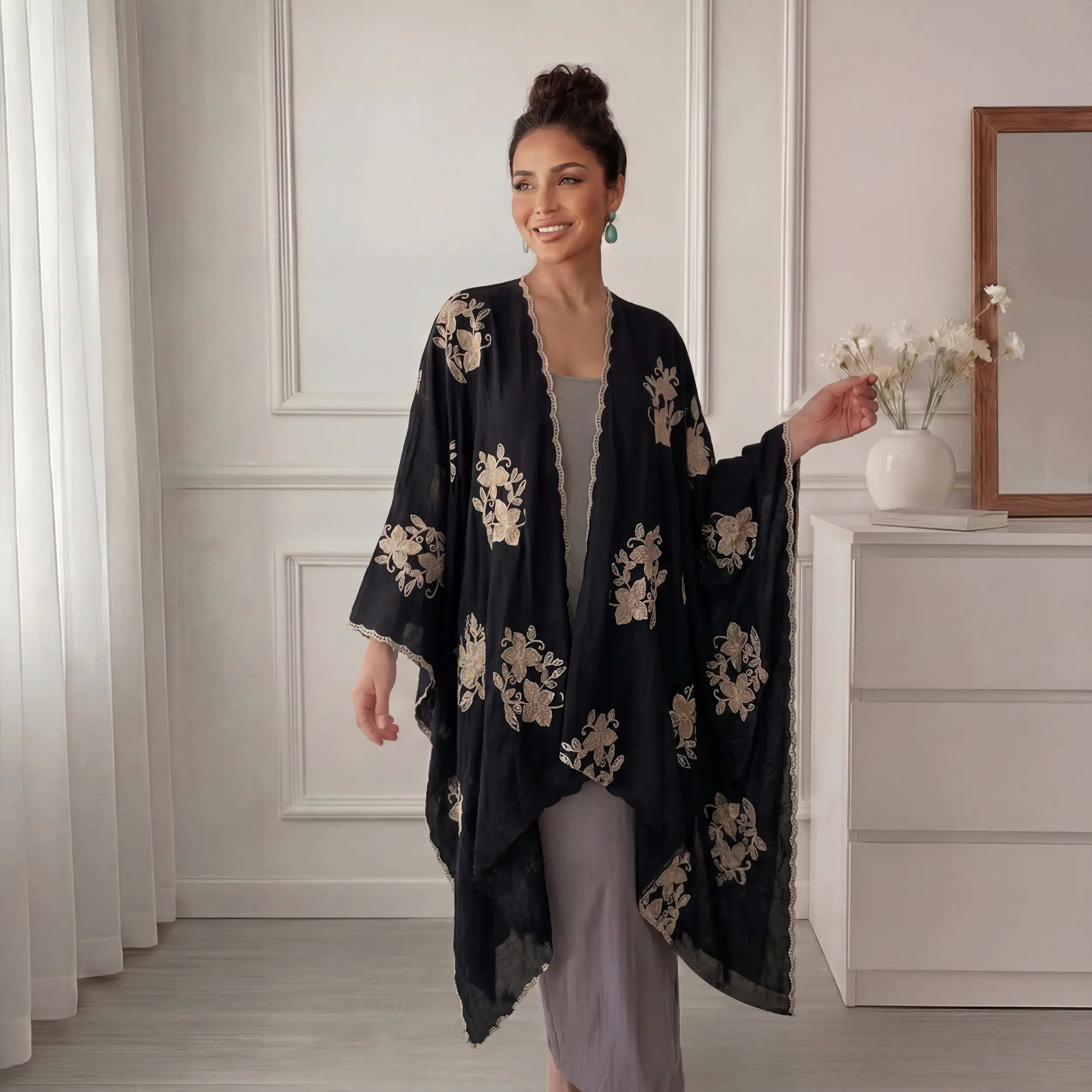 Women Black/White/Blue Floral Embroidered Kimono Cardigan - Lightweight Open Front Batwing Sleeve Beach Cover-Up for Summer Vacation, Festival Outfits & Casual Boho Layering poncho