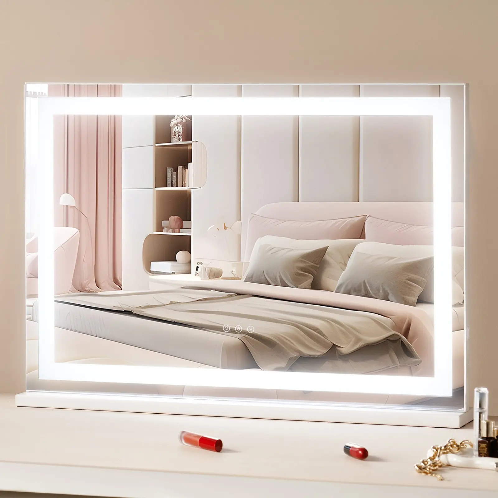 White 31.5x21.7in Lighted Vanity Mirror - Home Decor Tabletop/Wall-Mounted Mirror with 3 Color Lighting Modes, 5X Magnification, USB Port, Smart Touch Control