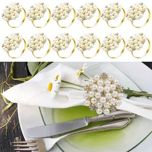 Elegant Golden Napkin Ring 12PCS Pearl Flower Napkin Clasp Sparkling Round Napkin Holder Sparkling Hotel Decoration Napkin Clasp Pearl Rhinestone Shaped Napkin Ring Kitchen Utensils gadgets