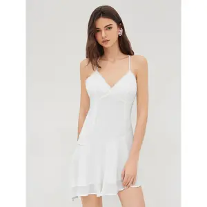 Cider V-neck Asymmetrical Lace Trim Ruffle Mini Dress