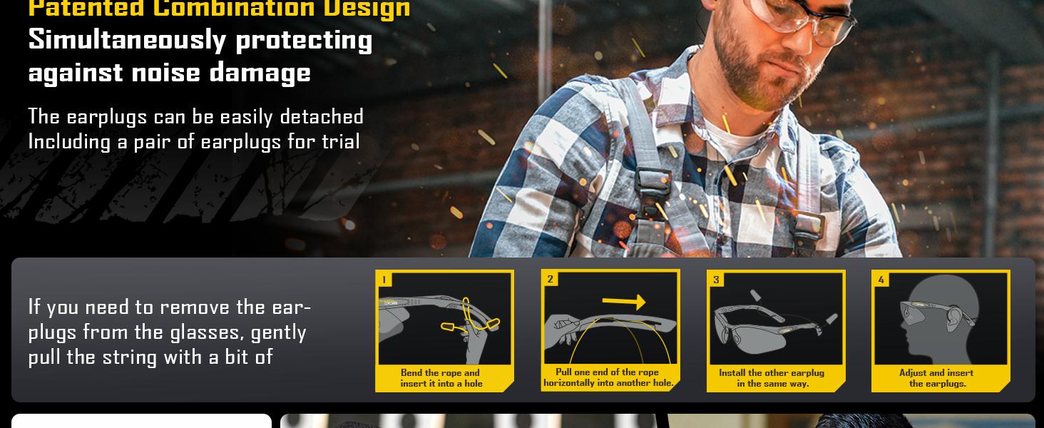 COOLJOB Safety Glasses with Corded Earplugs, ANSI Z87.1 Impact Resistance and UV Proof, Protective Eyewear with Clear Lenses