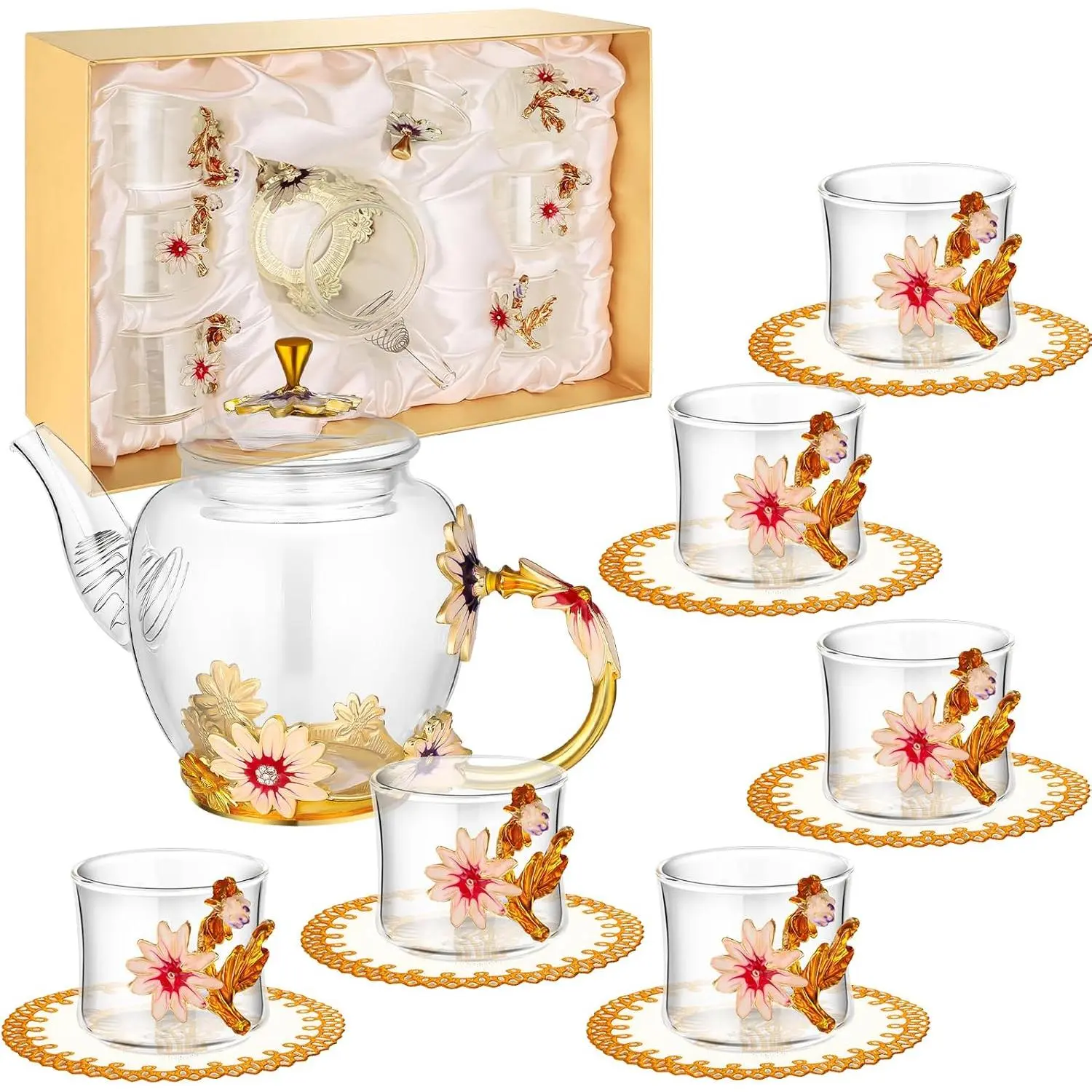 Women's Vintage Floral Glass Tea Set, 7-Piece Teapot with Fancy Cups and Coasters in Gift Box, for Home Gatherings, Kitchen Use, Flower Motif
