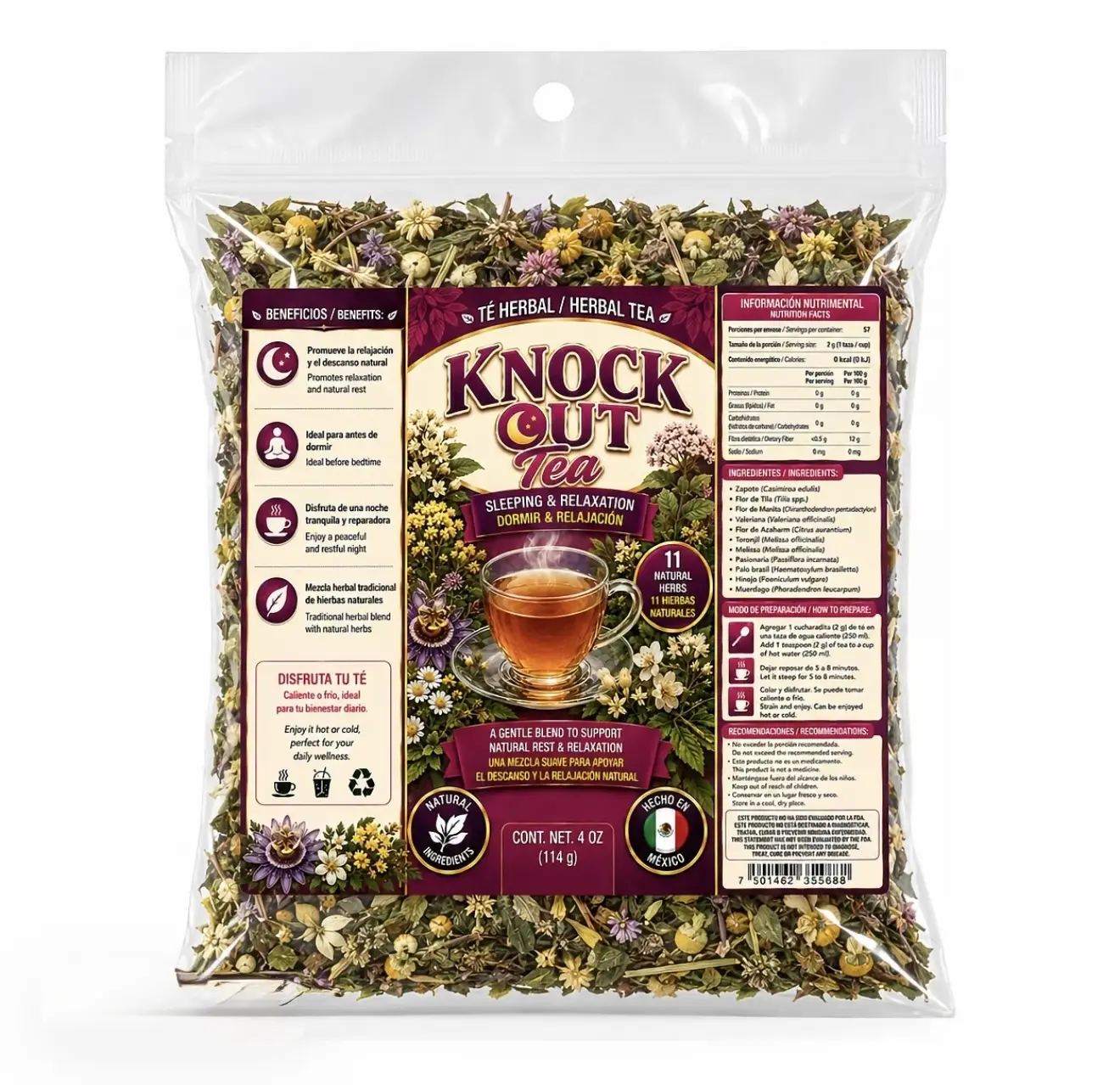 Knock Out Tea Mexican Knock Out Sleep Tea 4 oz Herbal Blend for Relaxation and Better Sleep Quality with Valerian Root