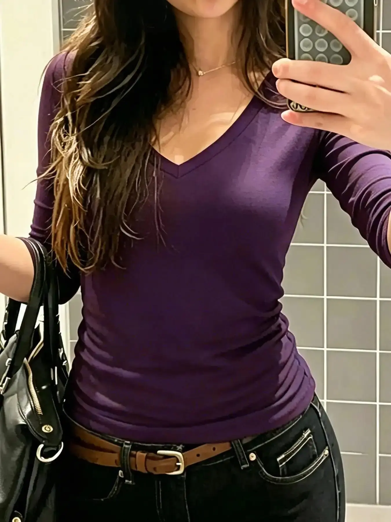 Solid Color Basic V-Neck T-Shirt, Slim Fit Half Sleeve Top, Casual Plain Tee for Daily Wear, versatile piece, trending now, chic look, must-have style, wardrobe staple, modern staple