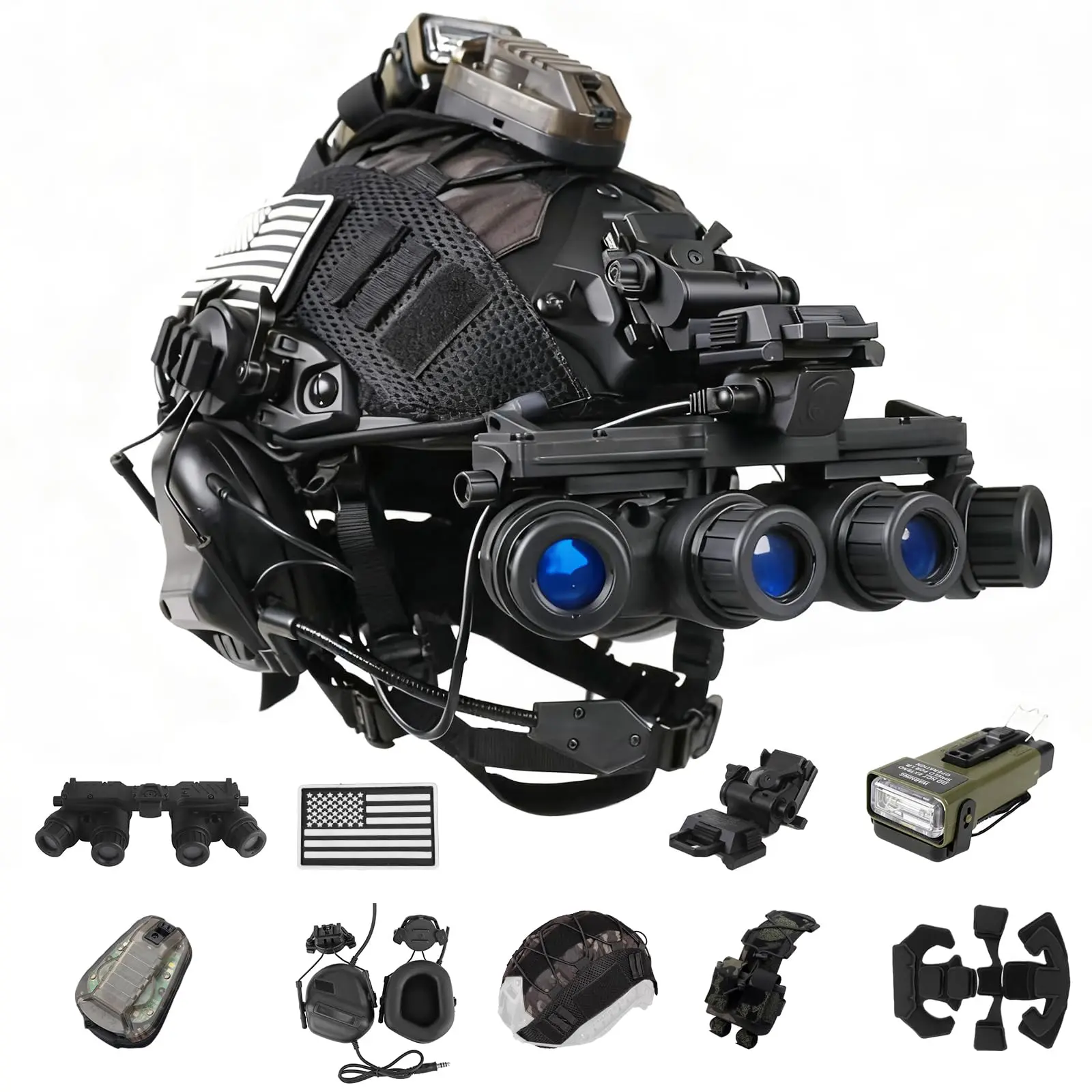 PJ Type Tactical Helmet Set, Complete Kit with Comfortable Communication Headset, NVG Mount, Signal Light, and Adjustable Sporty Protective Gear for Airsoft & Cosplay, Gift, Accessory, Compact, Outdoor