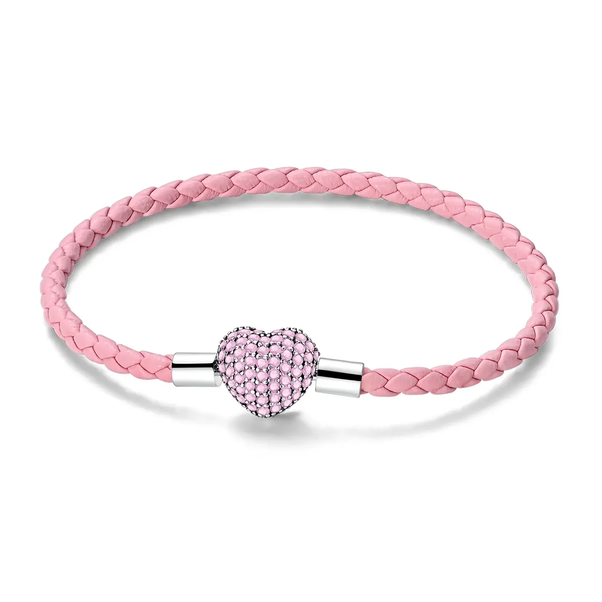 MULA Pink Leather Heart Charm Bracelet - Silver-Plated Cubic Zirconia Beaded Base, Compatible with Branded Charm Beads, Beautiful & Fashionable, Ideal Gift for Women's Anniversary, Beautiful Bracelets, Fashionable Bracelet