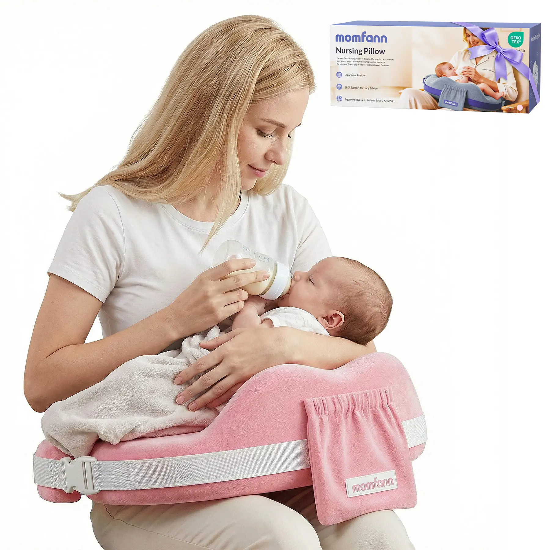 Momfann Innovative Safety Guard Nursing Pillow - Firm and Springy Memory Foam for Stable and Comfortable Support - Wide Breastfeeding Cushion, Ergonomic Design, Adjustable and Removable Cover, Baby Safety Certified