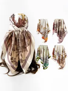 New fashionable printed simulated silk scarf with four colors to choose from, 90cm square scarf, multifunctional soft and breathable scarf, outdoor windproof and sunscreen scarf, Fashion Hair Scarves