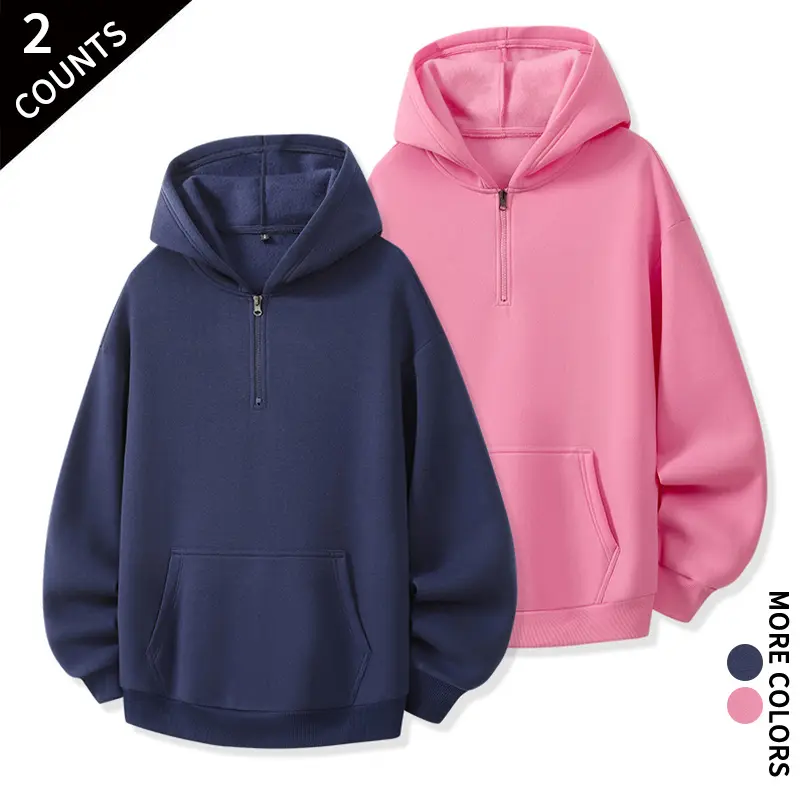 2 Pcs Men Half Zip Hoodies Oversized Long Sleeve Hooded Sweatshirts Casual Pocket Pullover Tops Streetwear Daily Outfits Fall Winter Fashion Basic Sweatshirt