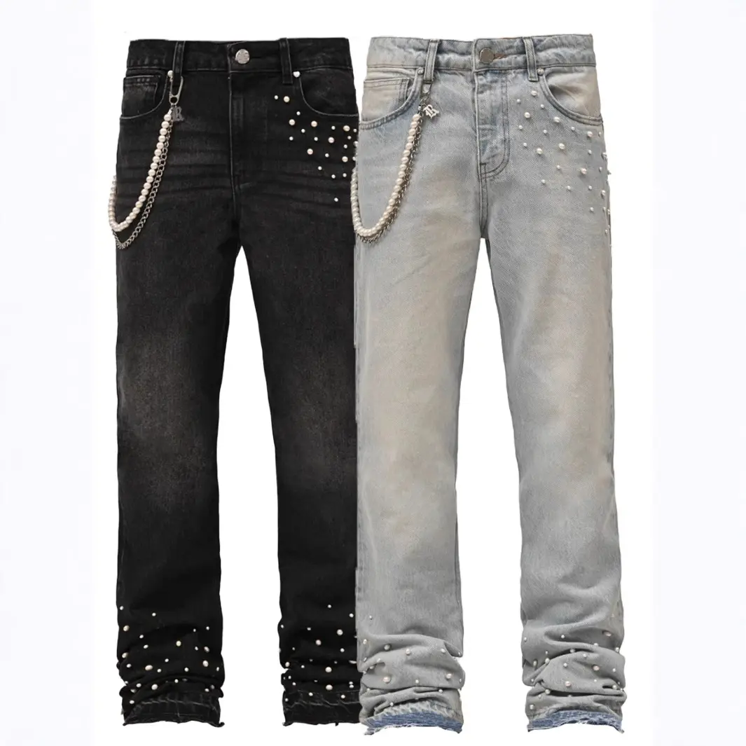 Men's Vintage Washed Embellished Frayed-Leg Stacked Jeans - Chain Detail, Pearl-Adorned, Pocket-Equipped Streetwear Denim Pants for Casual Daily & Party Wear, Menswear, Mens Clothing