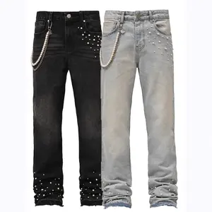 Men's Vintage Washed Pearl-Embellished Chain-Detail Stacked Jeans, All-Seasons Streetwear Denim Pants for Casual Daily & Party Wear