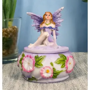 Ebros Gift Purple Lavender Fairy Small Round Trinket Jewelry Box Figurine 3.25" High