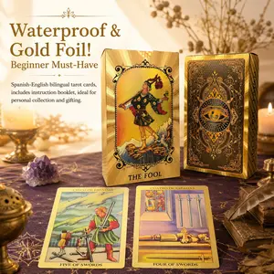 Spanish-English Tarot Cards, Gold Foil Design, Waterproof and Wrinkle-Resistant, 78 PVC Oracle Cards, 12x7cm Standard Size, Ideal for Beginners and Collectors