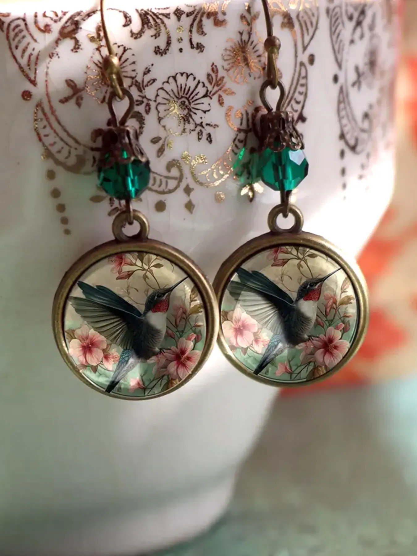 Vintage Green Bead Hummingbird Flower Glass Dangle Earrings Earring Set For Women Bird Animal Jewelry Accessories