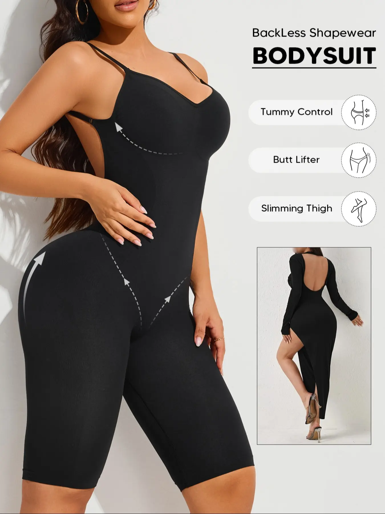Women's Seamless Open Back Backless Shaping Fit Breathable Slim Bodysuit – Tummy Control Thin Strap Mid-Thigh Body Shaper for Evening Low-Back Dresses (Black) Shapewear Womenswear Garment
