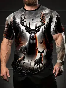 Men's 3D Printed Deer Design T-Shirt, Round Neck, Forest Background, Outdoor Activities, Social Gatherings, Casual Wear, Streetwear, Breathable Fabric