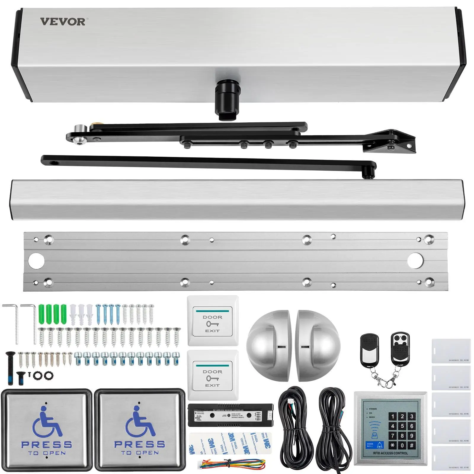 【SummerFinds】VEVOR Automatic Door Opener,  , 100-240V for Max.220lbs Doors, Swing Door Operator for Disabilities with 2 Wireless Remotes, Keypad, 2 Exit Buttons, 5 ID Cards, 2 Stainless Steel Push Buttons, CE Listed