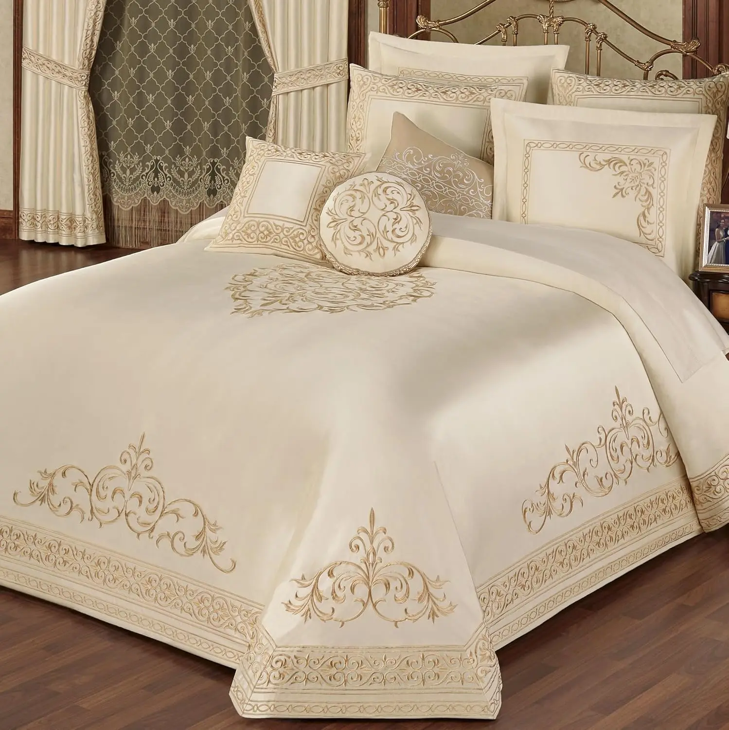 Touch of Class Versailles Luxury Bedding | Classic Neutral Pearl | Palace-Inspired French Style Golden Scrollwork Embroidery on Sateen | Designed 3 Piece Set: Queen Bedspread & 2 Standard Shams