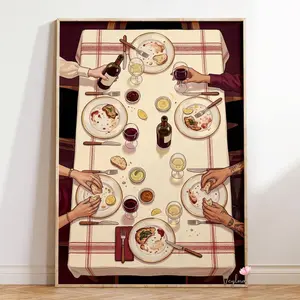 Shared Dinner Table Poster | Vintage Dining Illustration | Food & Wine Wall Art | Family Meal Print | Dining Room Decor