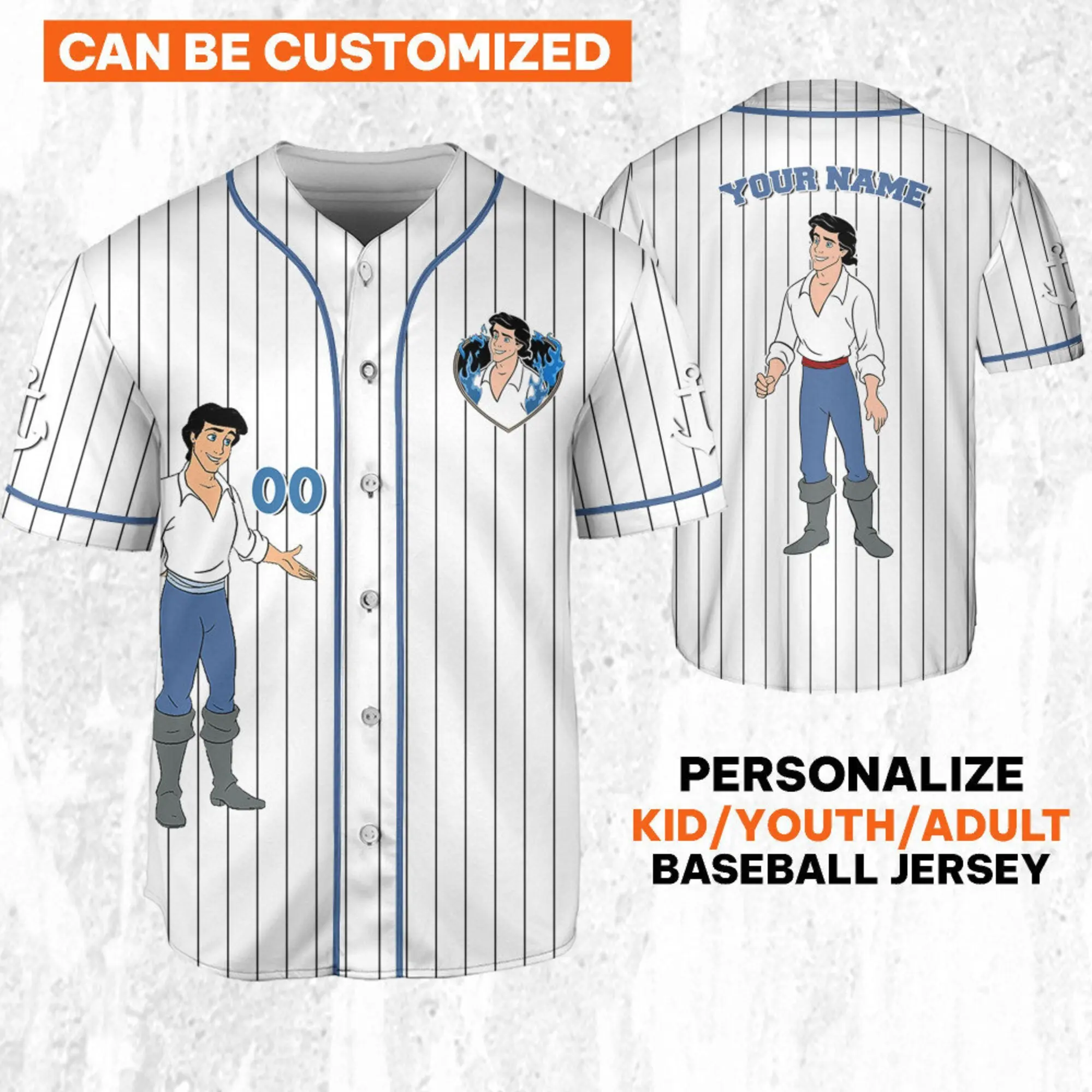 Personalize   The Little Mermaid Prince Eric White Jersey  Custom Kid Youth Adult Baseball Jersey  Custom   Birthday Gift