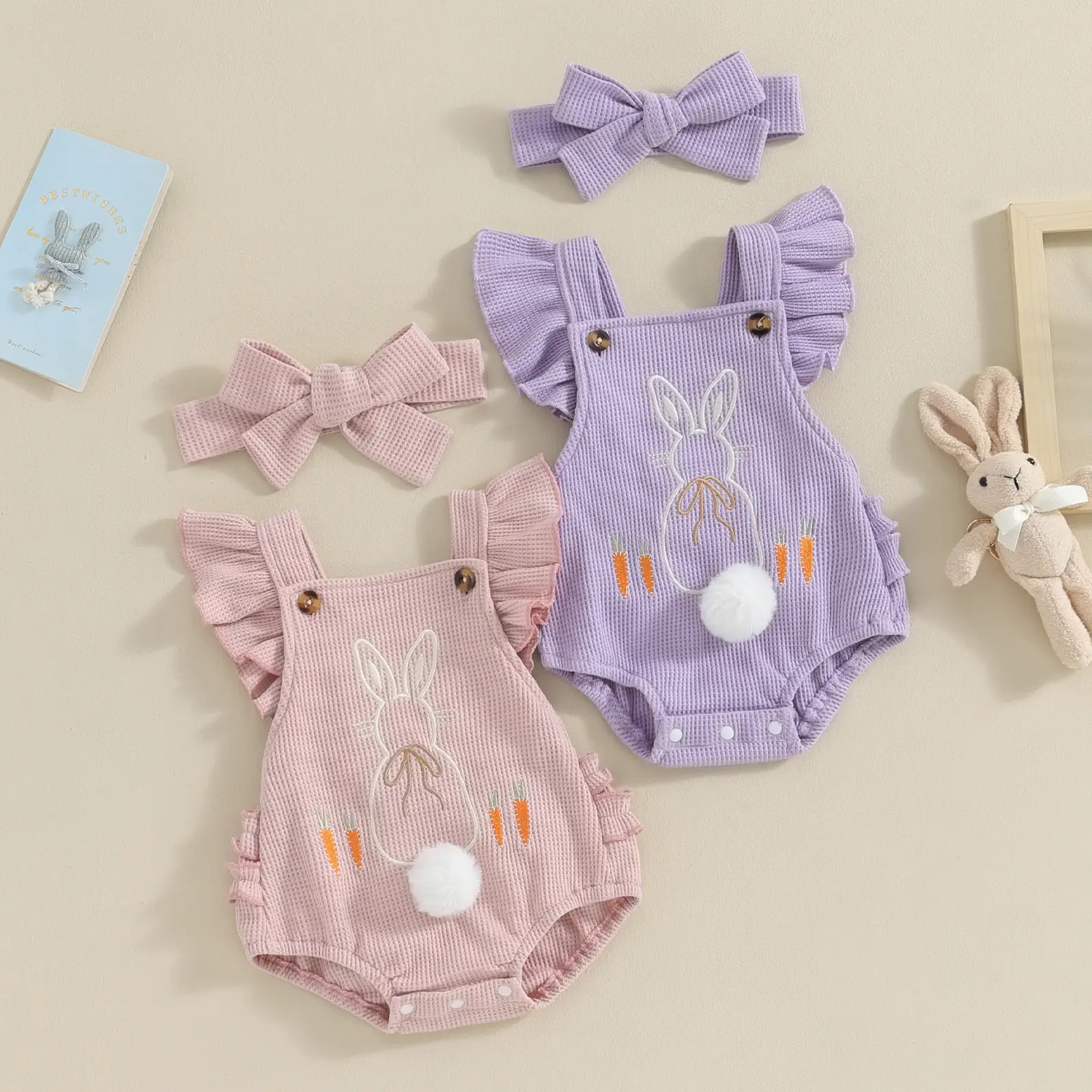 Imcute Infant Baby Girl Easter Outfits Furry Bunny Tail Ruffle Butts Sleeveless Onesie Backless Bubble Romper Headband Infant Summer Sunsuit Clothes