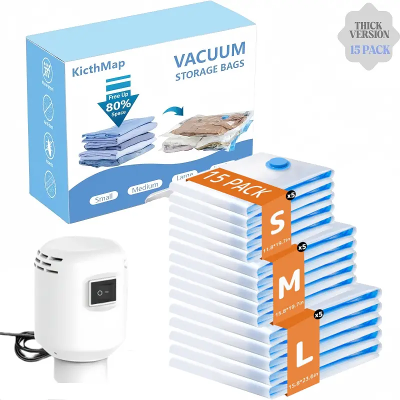 15 Pack Vacuum Bags for Travel with Rechargeable Air Pump, Carry-On Compression Bags for Luggage and Suitcase, Space Saver Storage for Clothing and Travel Organization