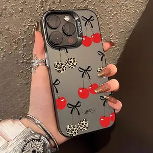 Leopard Print Cherry Pattern Case for iPhone 17 16 Pro Max 15 Plus 14 13 12 11  Air XR XS Shockproof Anti-Scratch Durable PC Back Protective Cellphone Cover Valentine Gift For Girls and Women