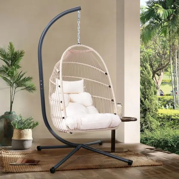 Foldable Hanging Egg Chair with Stand and Pillow, HDPE Rattan and Heavy Duty Aluminum-Steel Frame, Outdoor Patio Wicker Swing Egg Chair with Headrest and Cushioned, 350 Lbs Capacity