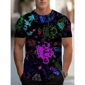 Men'S Neon Glow-In-The-Dark Graphic T-Shirt - Black with Vibrant Pink & Blue Designs, Breathable Lightweight Fabric, Comfortable Fit for Casual Wear, Social Gatherings & Daily Use, Casual Wear Tee |   Trendy Casual Tee |   Comfortable Fit Shirt