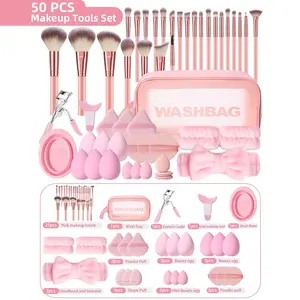 50PCS Makeup Tools:1PC cosmetic bag+25PCS Makeup brush set+9PCS Makeup Sponges+9PCS Powder Puffs+6PCS Makeup Tools